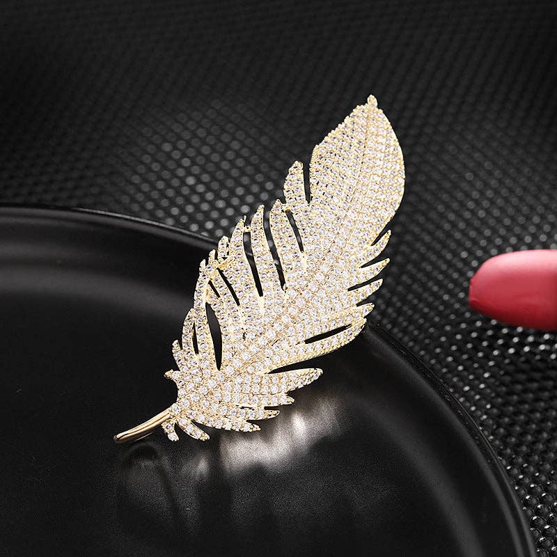 Dainty Full Pave Feather Statement Brooch in Solid Copper: Silver