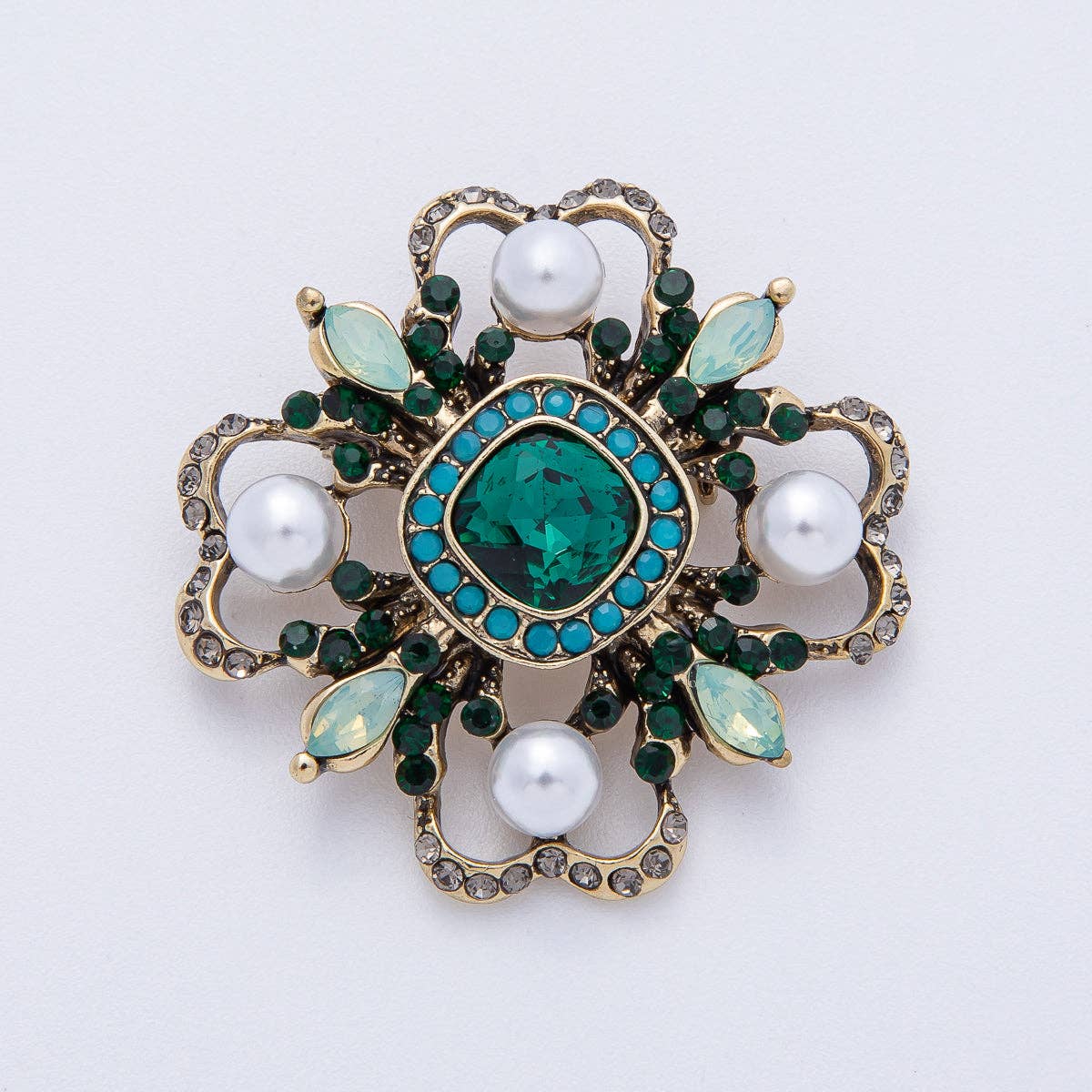 Vintage Antique Gold Black, Green Rhinestone Flower Blue Black Gray Crystal Brooch Pin | BH-00006 BH-00007: Grey