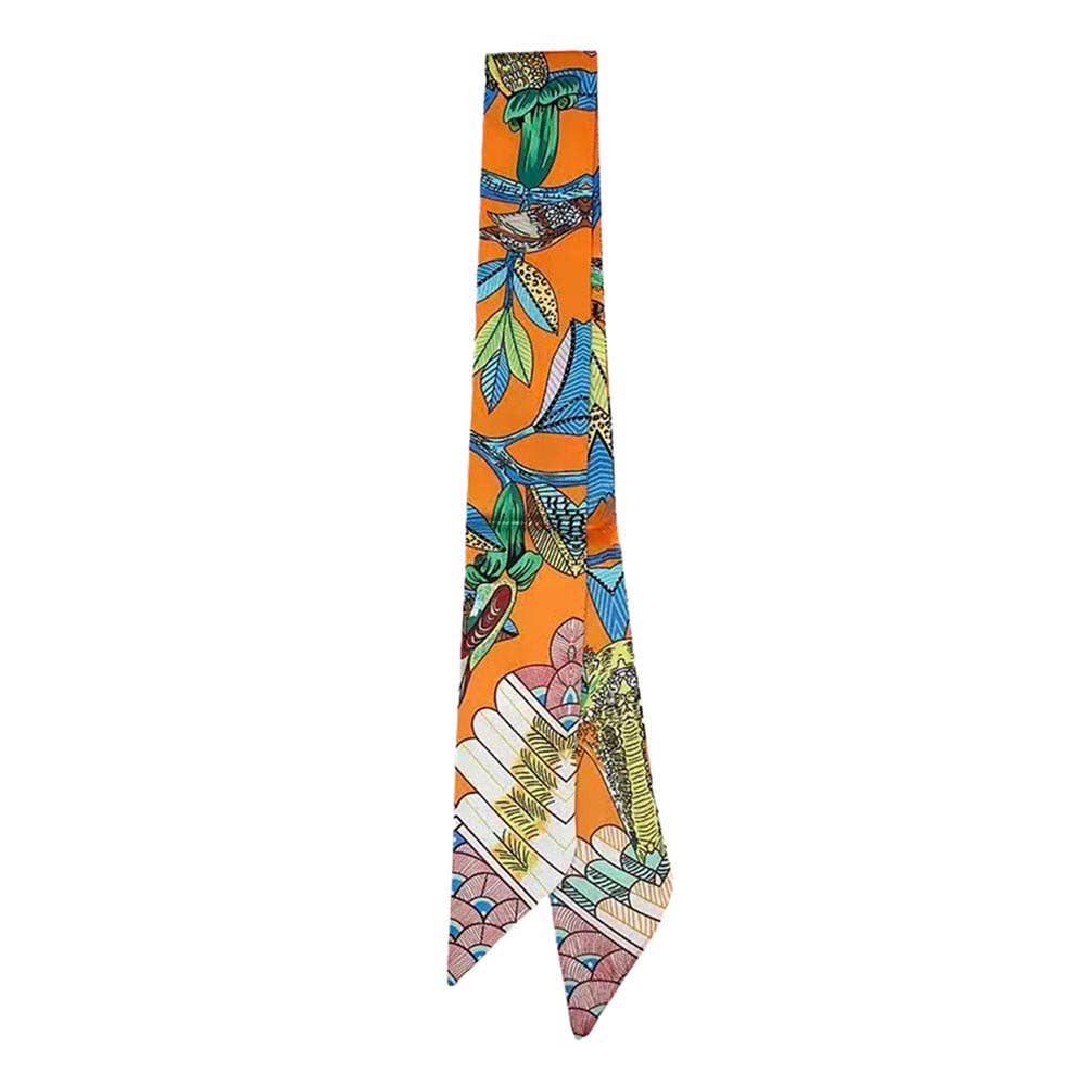 Abstract Bird Motif Print Skinny Twilly Scarf: Ivory