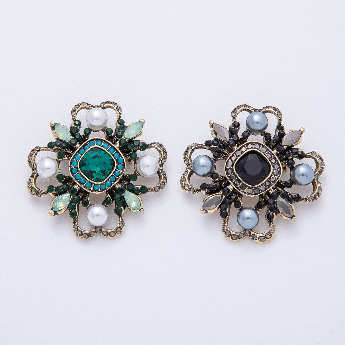 Vintage Antique Gold Black, Green Rhinestone Flower Blue Black Gray Crystal Brooch Pin | BH-00006 BH-00007: Turquoise