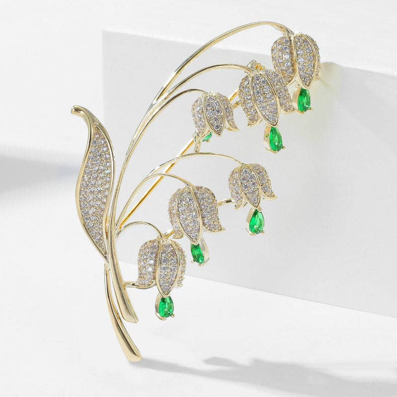 Gold Lily Of Valley Flower Wedding Brooch in Solid Copper: Green