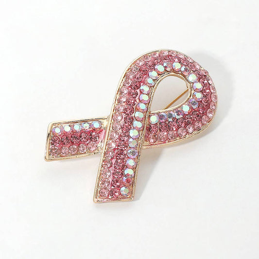 Rhinestone Embellished Pink Ribbon Pin Brooch: Gold,Pink