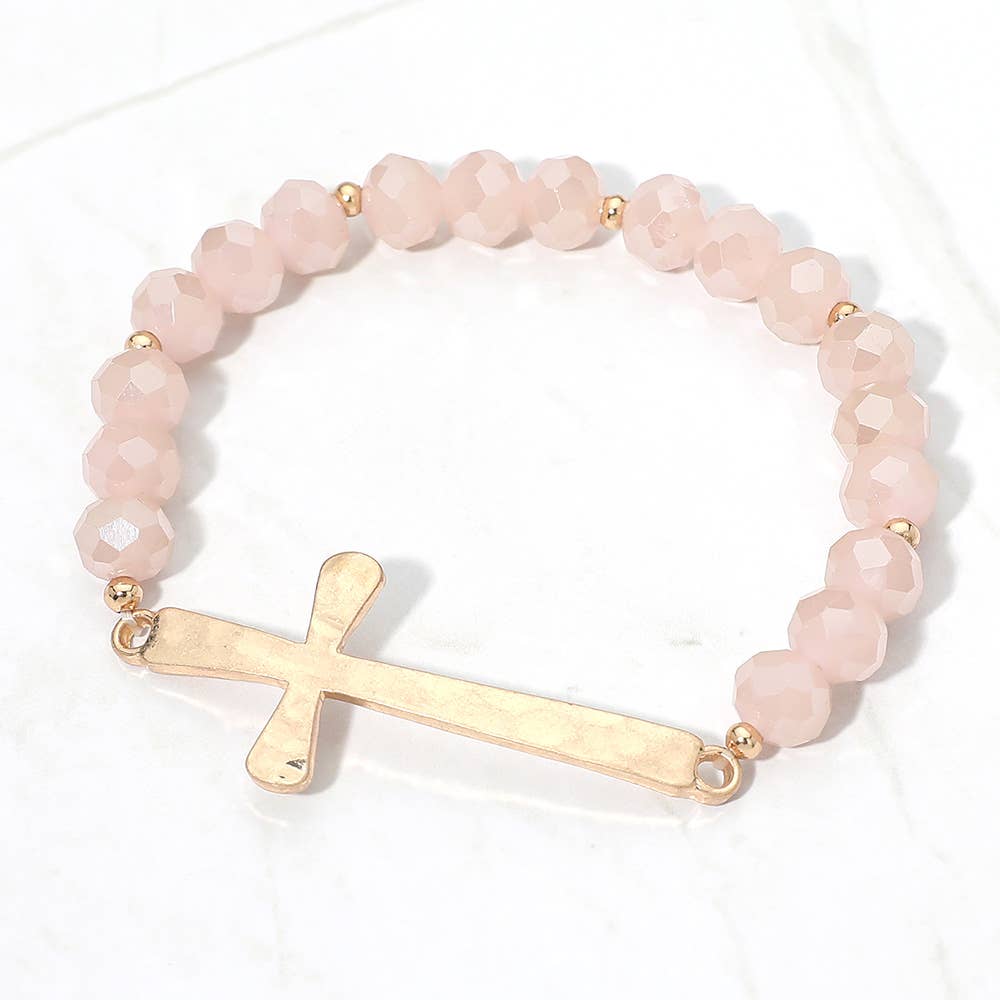 Brushed Hammered Metal Cross Accent Faceted Beaded Stretch Bracelet: Yellow