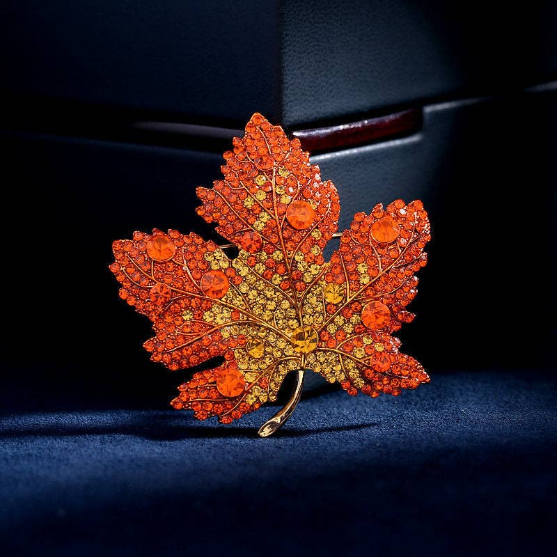 Gold Color Gemstone Maple Leaf Pin Brooch in Stainless Steel: Blue
