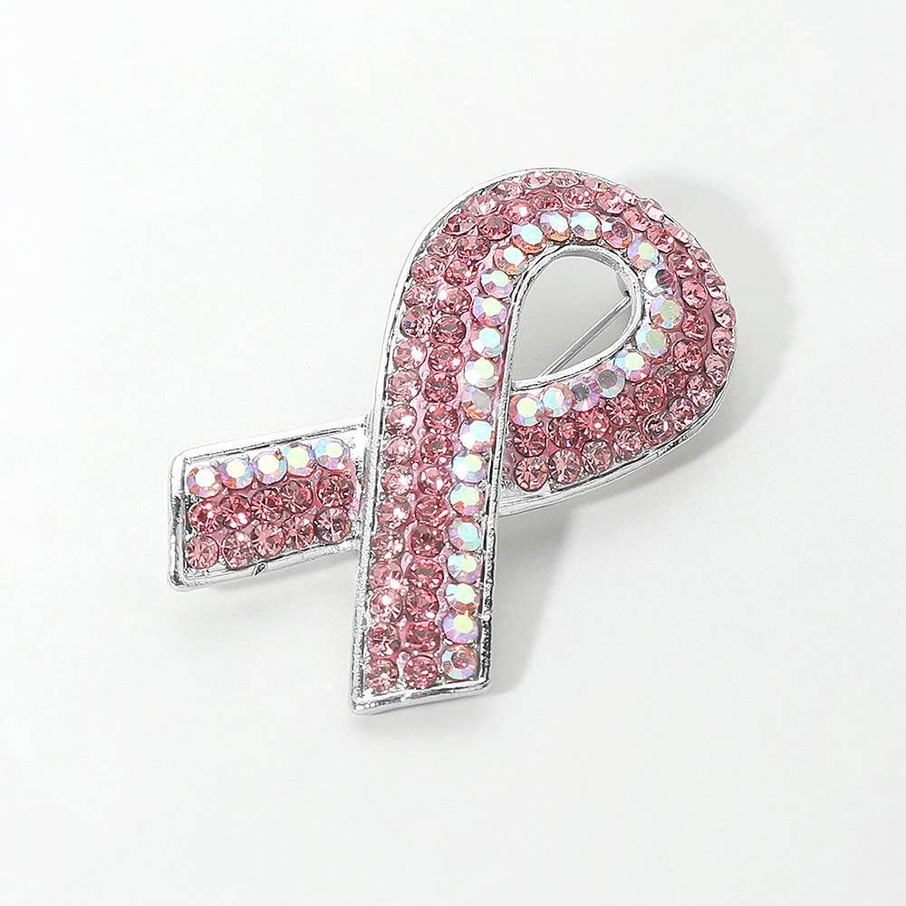 Rhinestone Embellished Pink Ribbon Pin Brooch: Gold,Pink