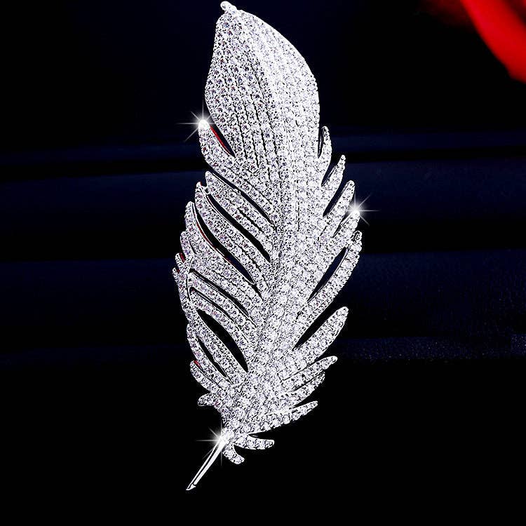Dainty Full Pave Feather Statement Brooch in Solid Copper: Silver