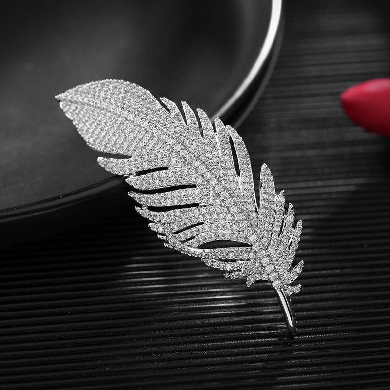 Dainty Full Pave Feather Statement Brooch in Solid Copper: Silver