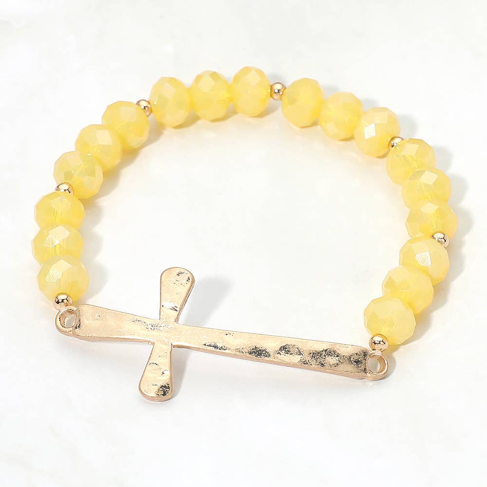 Brushed Hammered Metal Cross Accent Faceted Beaded Stretch Bracelet: Yellow