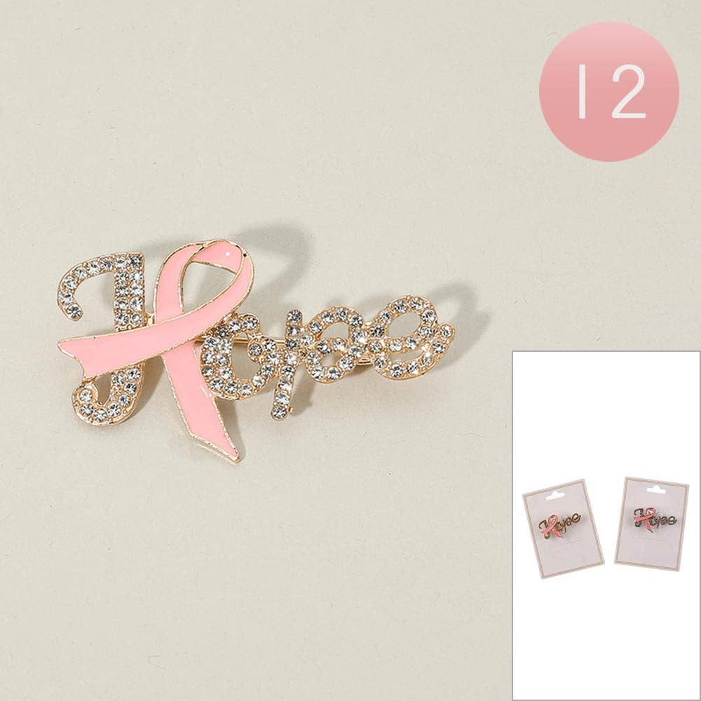 12PCS - Rhinestone Pave HOPE Awareness Pink Ribbon Pin Brooches