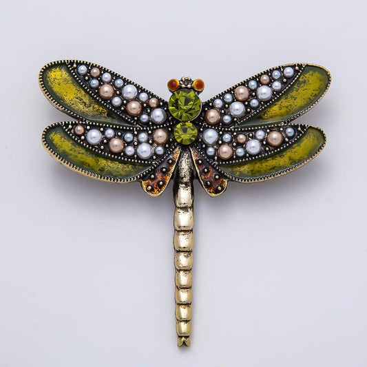 Vintage Gold 55mm Multicolor Rhinestone Shell Pearl Green Dragonfly Pin Brooch | BH-00154