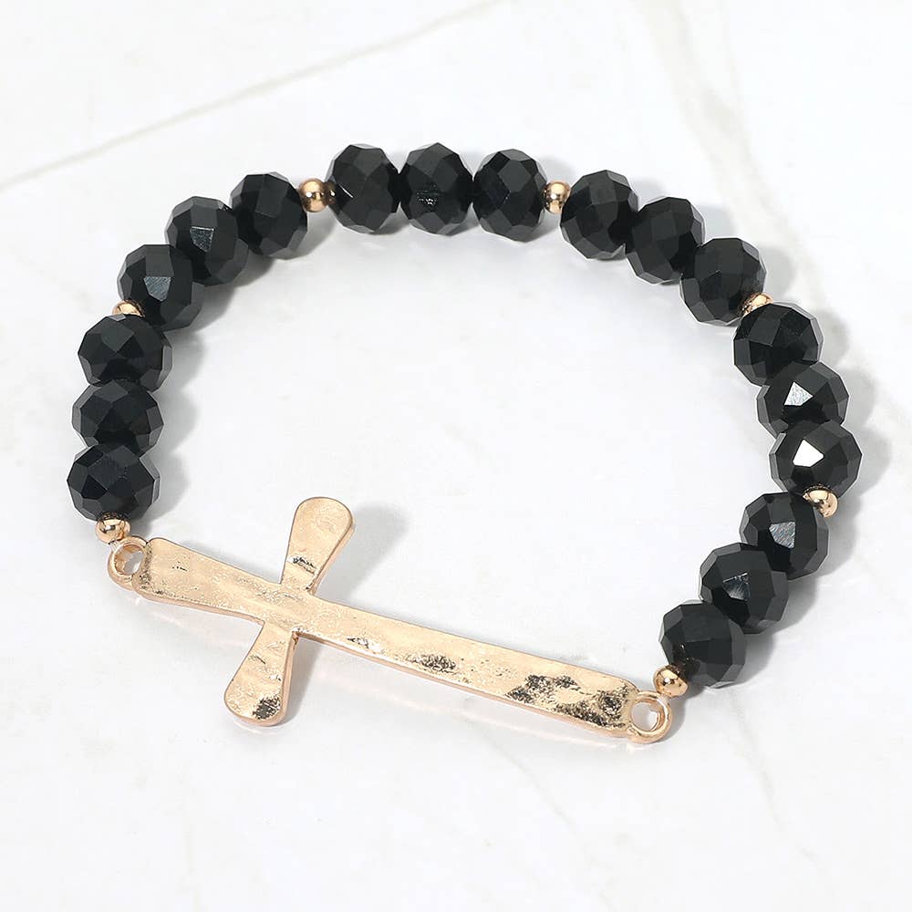 Brushed Hammered Metal Cross Accent Faceted Beaded Stretch Bracelet: Yellow