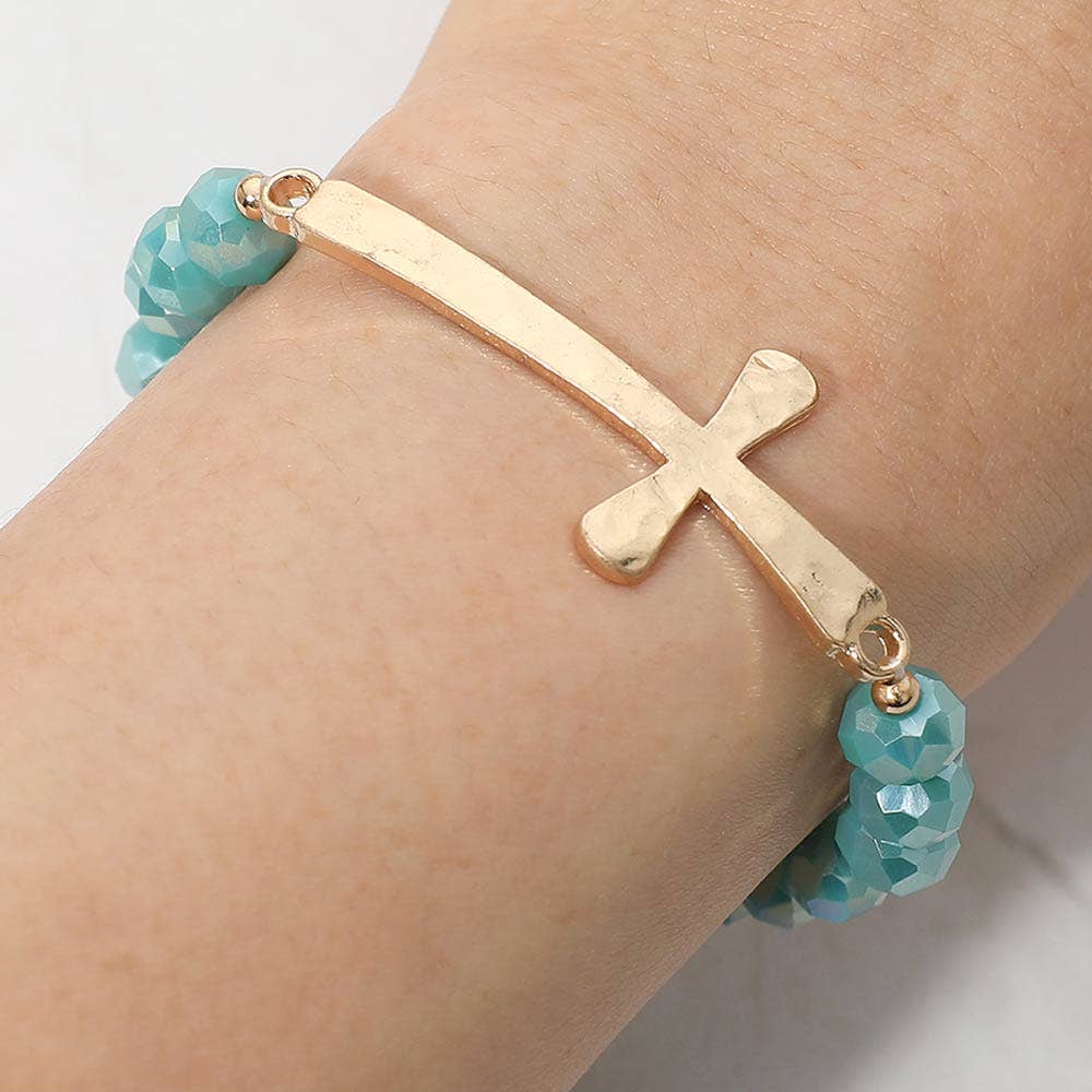 Brushed Hammered Metal Cross Accent Faceted Beaded Stretch Bracelet: Yellow