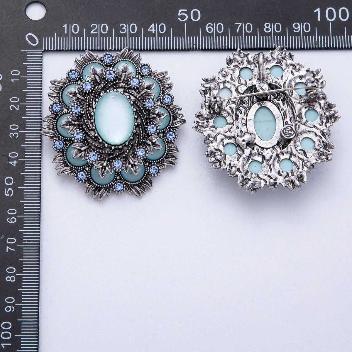 Vintage Antique Silver Flower Brooch Aqua Blue Turquoise Crystal Pin | BH-002