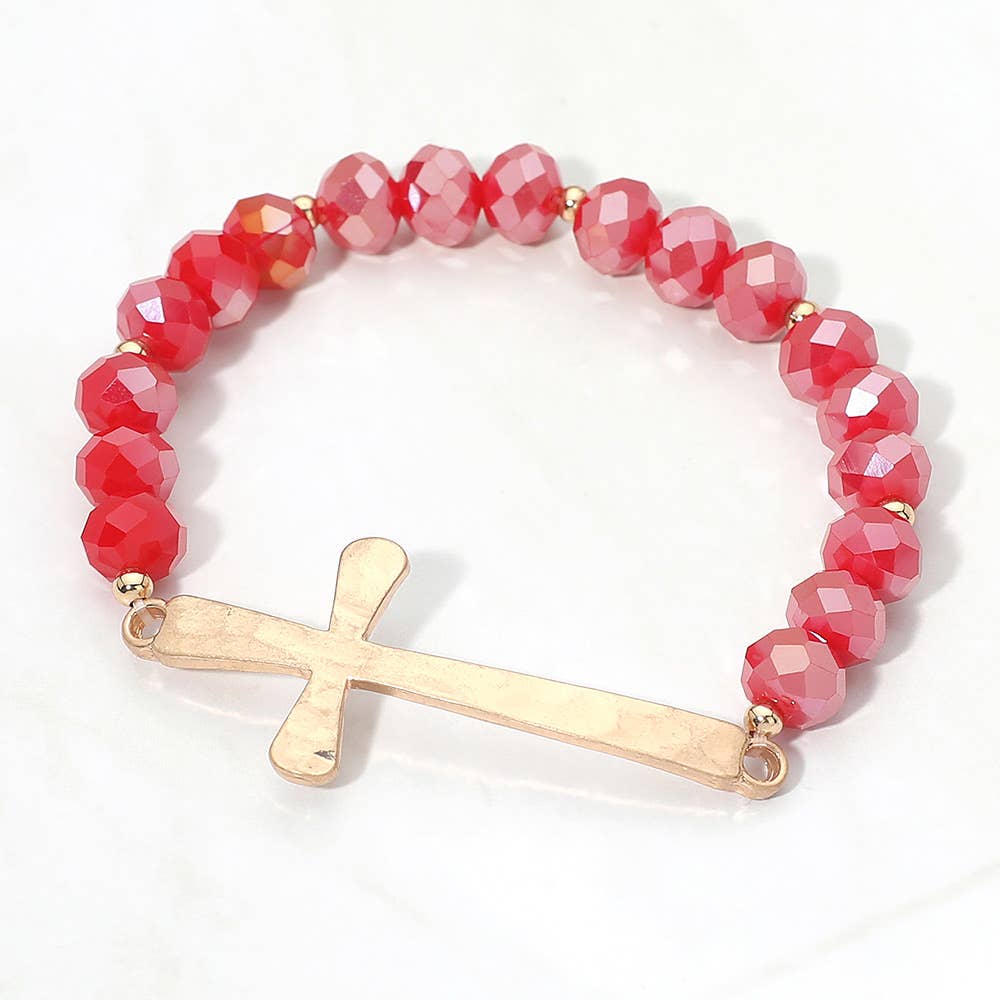 Brushed Hammered Metal Cross Accent Faceted Beaded Stretch Bracelet: Yellow