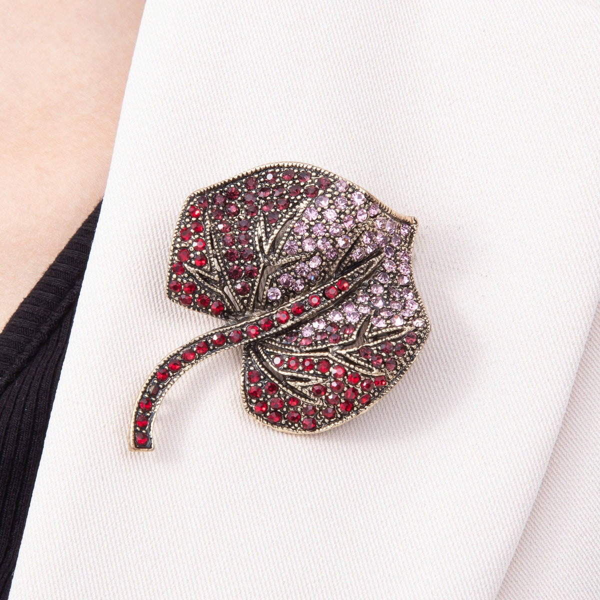 Vintage Gold 55mm Red Pink Micro Paved Rhinestone Leaf Pin Brooch | BH-00191