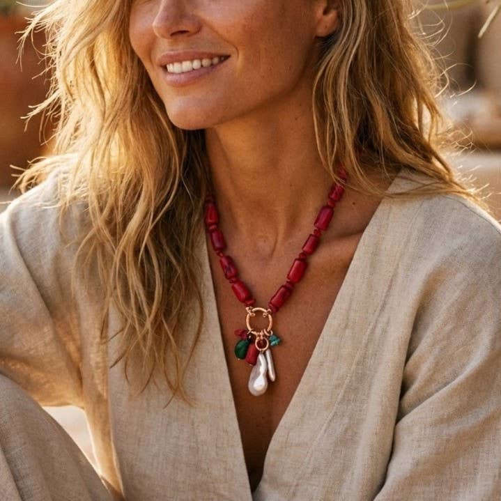 Red Coral & Pearl Beaded Charm Necklace | Coastal Statement