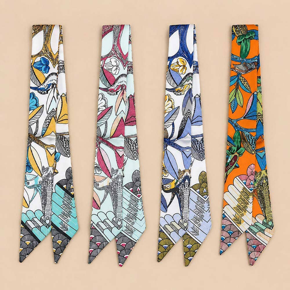 Abstract Bird Motif Print Skinny Twilly Scarf: Ivory