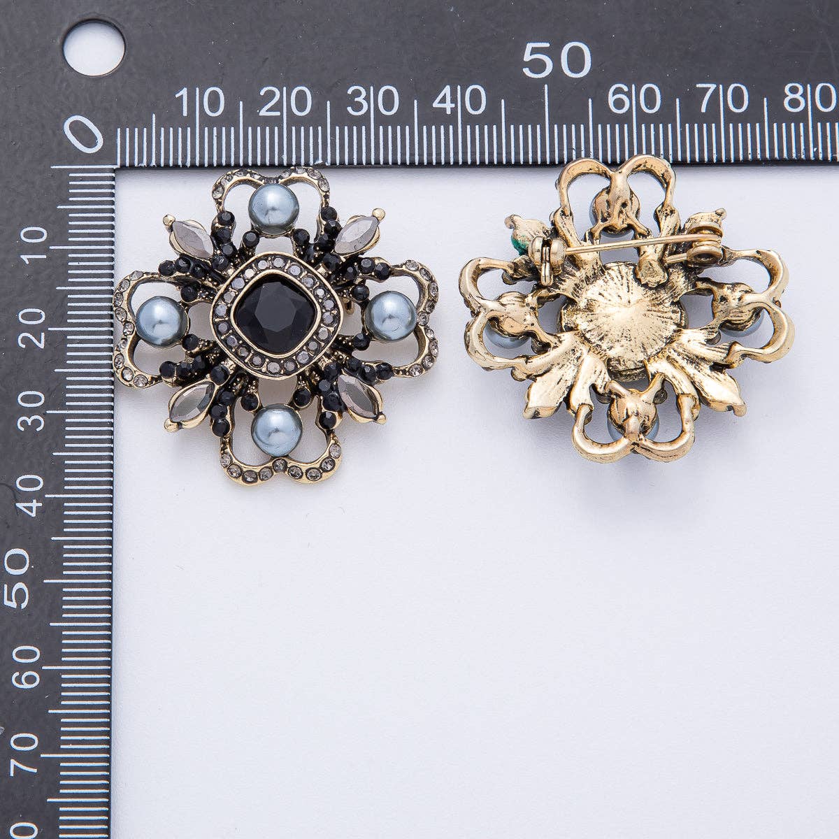 Vintage Antique Gold Black, Green Rhinestone Flower Blue Black Gray Crystal Brooch Pin | BH-00006 BH-00007: Grey