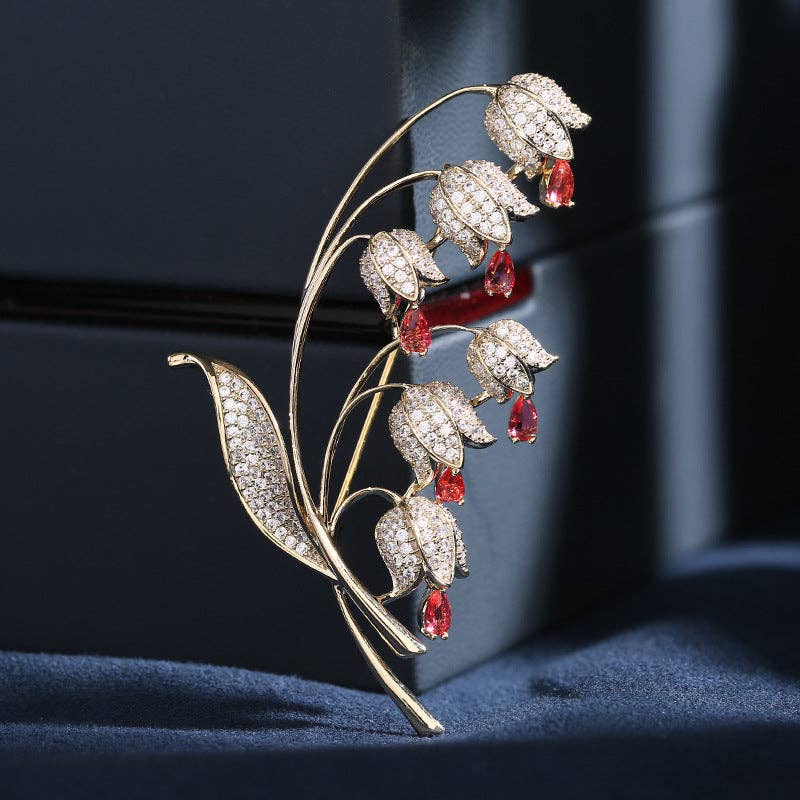 Gold Lily Of Valley Flower Wedding Brooch in Solid Copper: Green