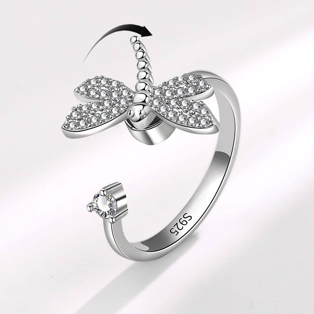 Silver Dragonfly Anxiety Fidget Spinner Ring in Solid Copper