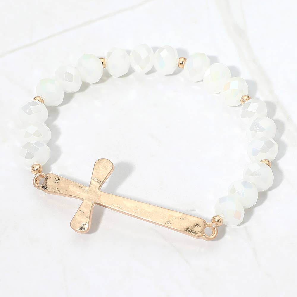 Brushed Hammered Metal Cross Accent Faceted Beaded Stretch Bracelet: Yellow