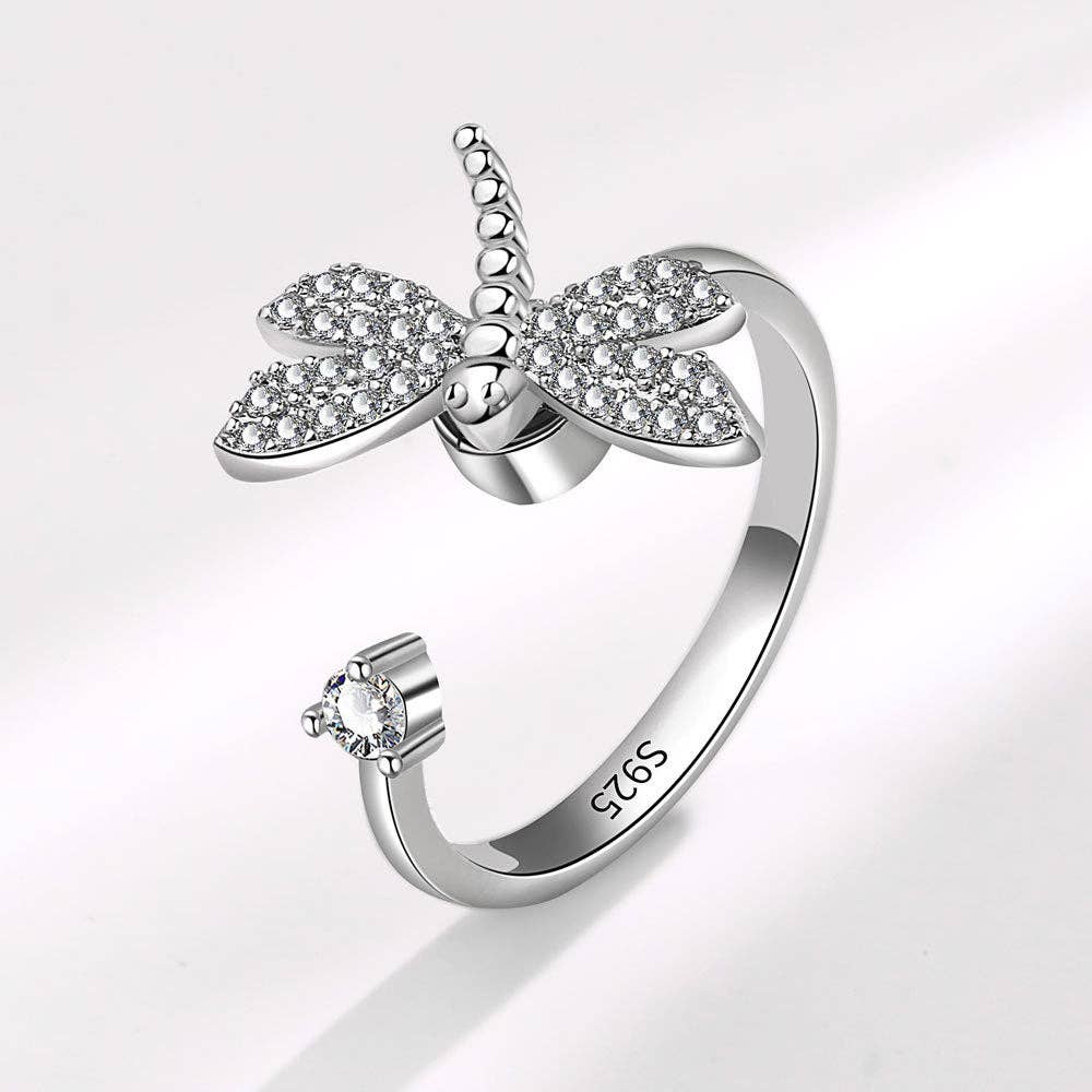 Silver Dragonfly Anxiety Fidget Spinner Ring in Solid Copper