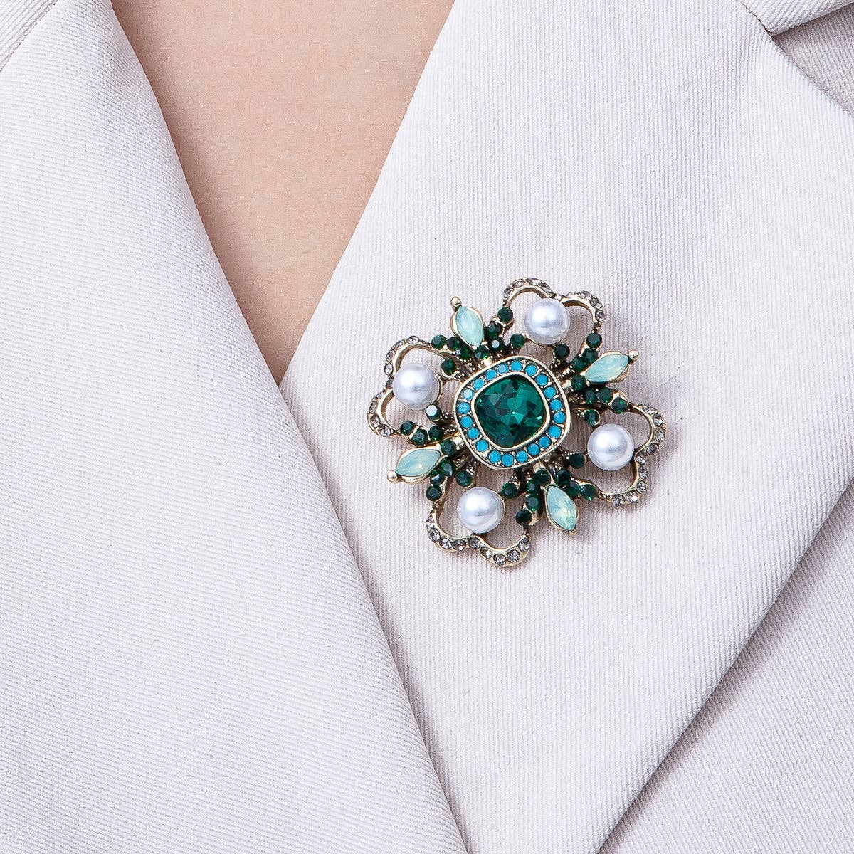 Vintage Antique Gold Black, Green Rhinestone Flower Blue Black Gray Crystal Brooch Pin | BH-00006 BH-00007: Turquoise