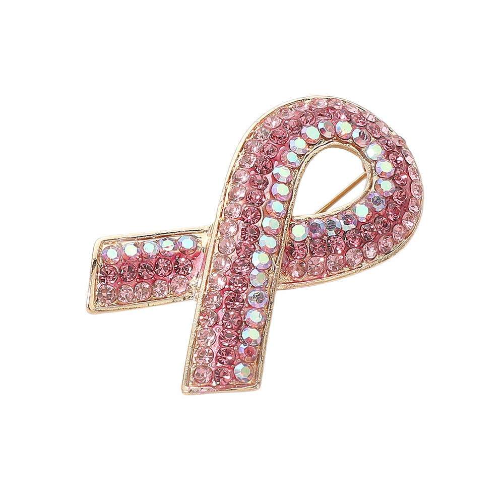 Rhinestone Embellished Pink Ribbon Pin Brooch: Gold,Pink