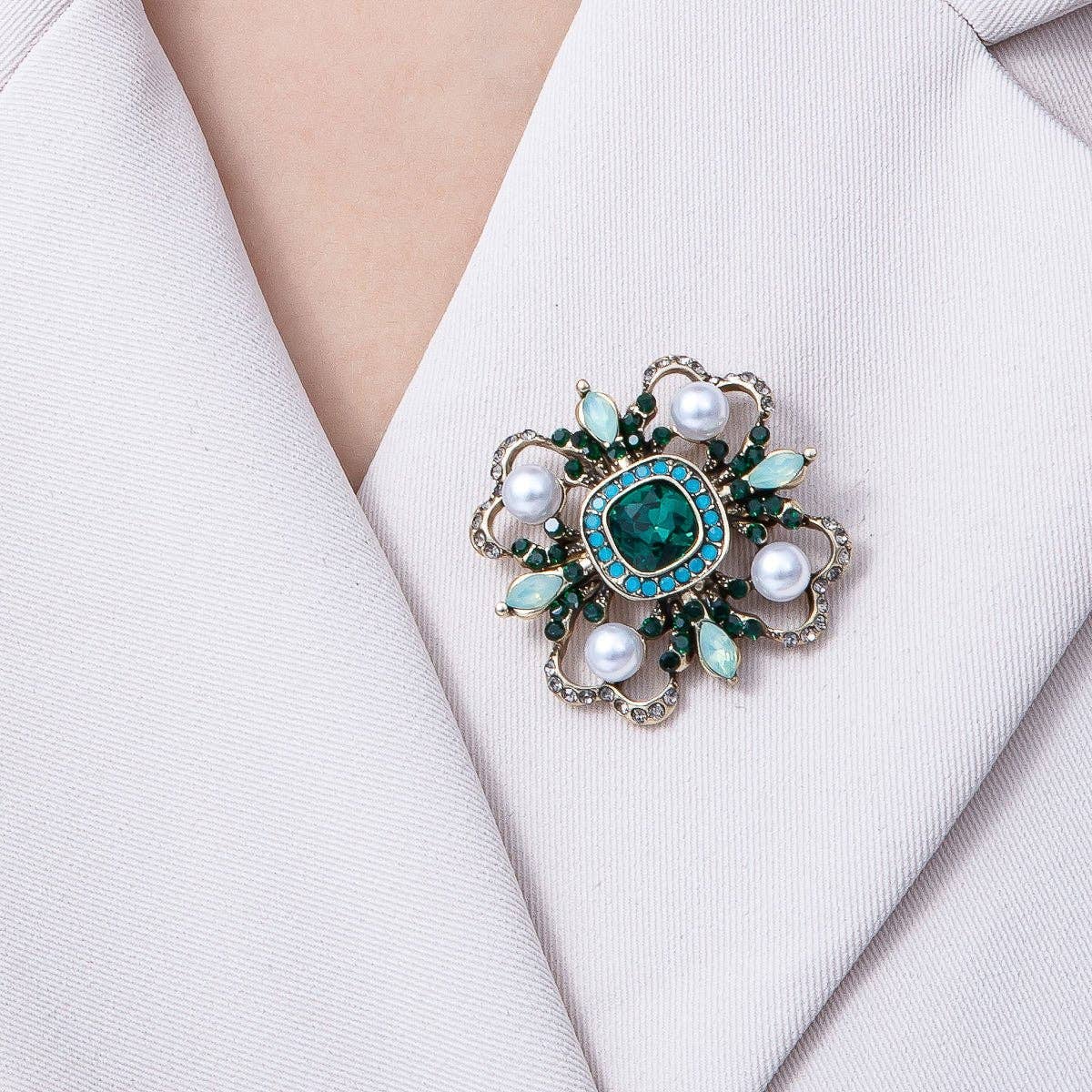 Vintage Antique Gold Black, Green Rhinestone Flower Blue Black Gray Crystal Brooch Pin | BH-00006 BH-00007: Turquoise