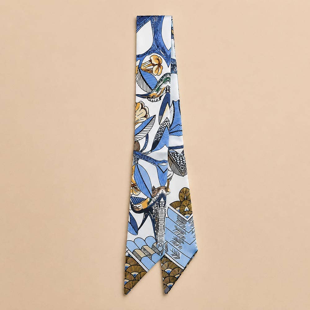 Abstract Bird Motif Print Skinny Twilly Scarf: Ivory