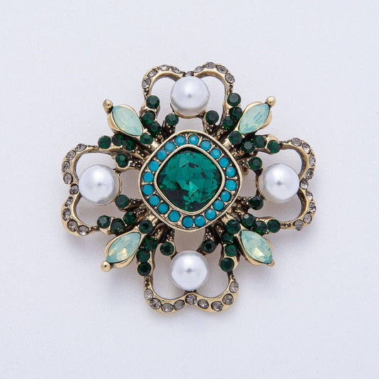 Vintage Antique Gold Black, Green Rhinestone Flower Blue Black Gray Crystal Brooch Pin | BH-00006 BH-00007: Turquoise