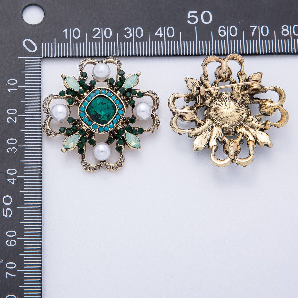 Vintage Antique Gold Black, Green Rhinestone Flower Blue Black Gray Crystal Brooch Pin | BH-00006 BH-00007: Grey
