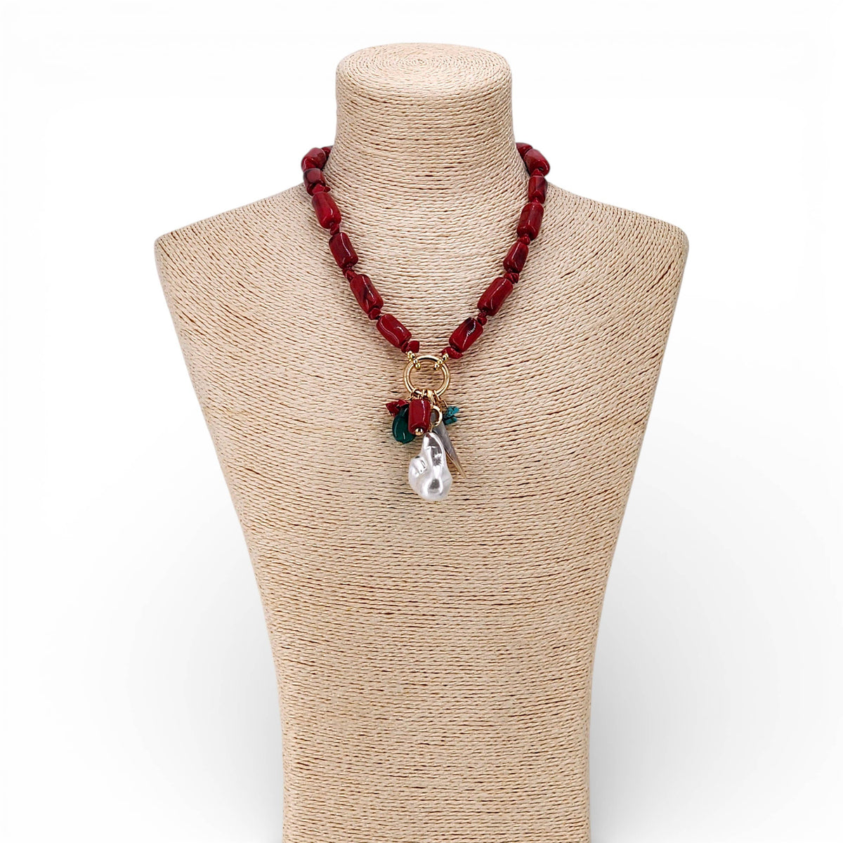 Red Coral & Pearl Beaded Charm Necklace | Coastal Statement