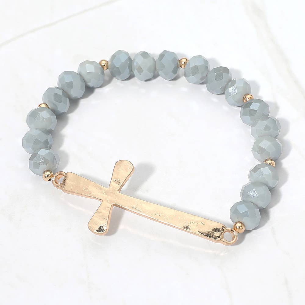 Brushed Hammered Metal Cross Accent Faceted Beaded Stretch Bracelet: Yellow