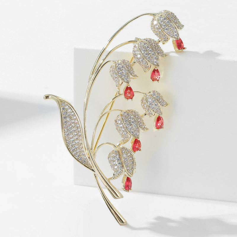 Gold Lily Of Valley Flower Wedding Brooch in Solid Copper: Green