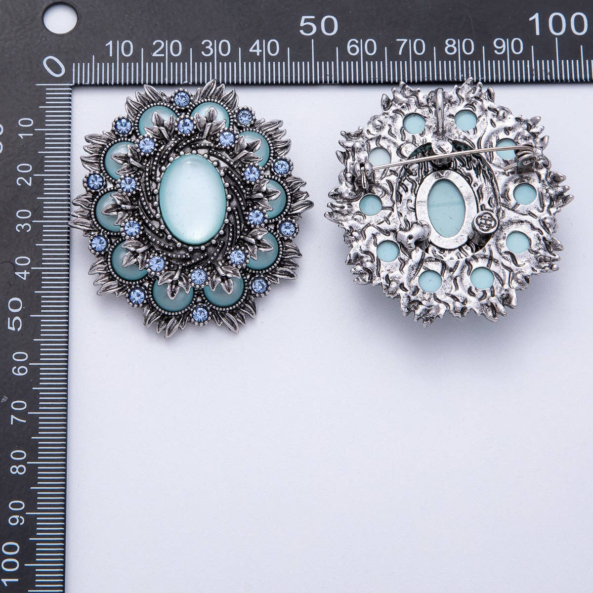 Vintage Antique Silver Flower Brooch Aqua Blue Turquoise Crystal Pin | BH-002