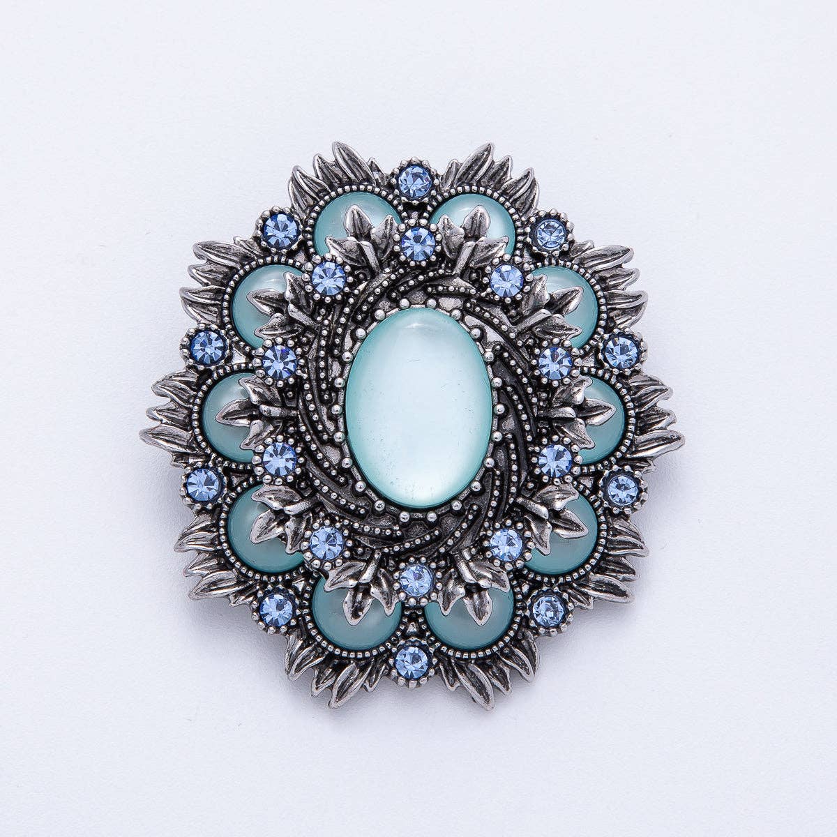 Vintage Antique Silver Flower Brooch Aqua Blue Turquoise Crystal Pin | BH-002