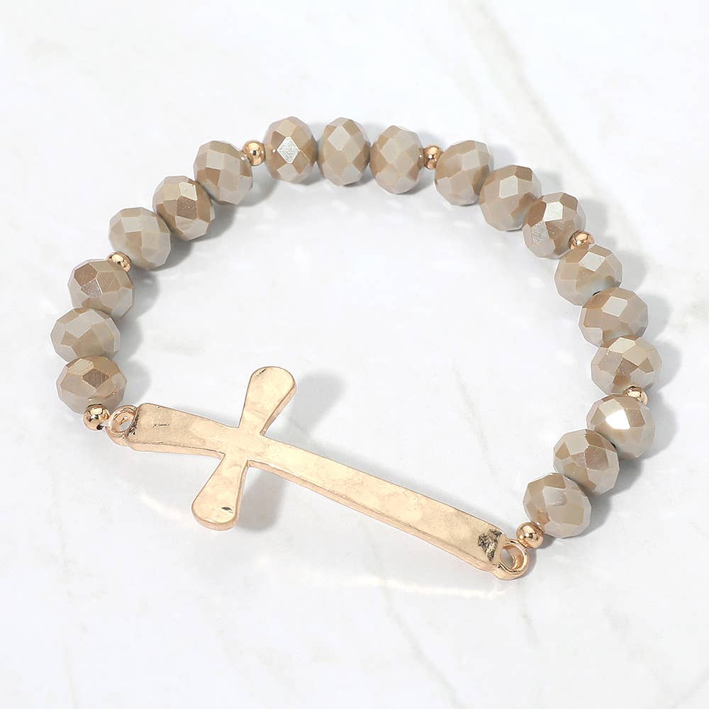 Brushed Hammered Metal Cross Accent Faceted Beaded Stretch Bracelet: Yellow
