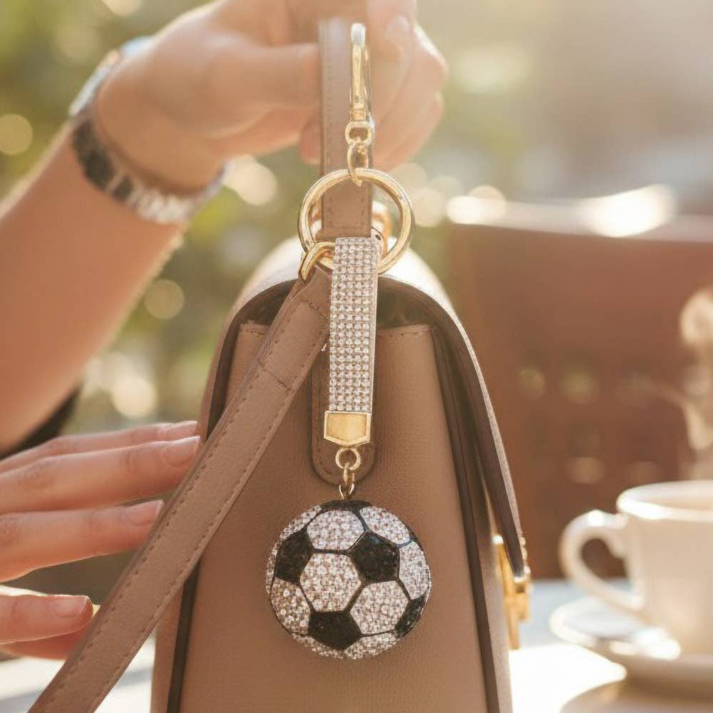 Bling Studded Soccer Ball Bag Charm Keychain: Red