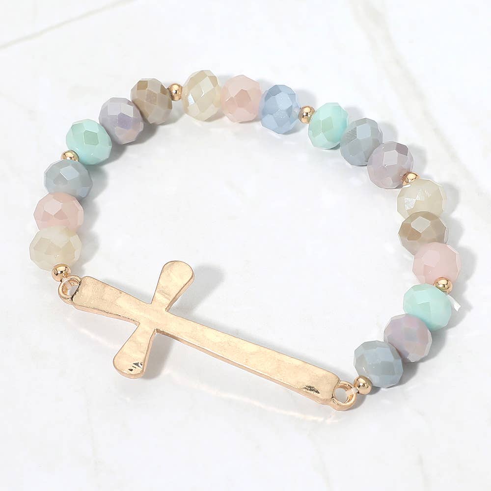 Brushed Hammered Metal Cross Accent Faceted Beaded Stretch Bracelet: Yellow