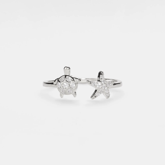 Gold Sea Turtle Starfish Beach Ring in 925 Sterling Silver: Silver