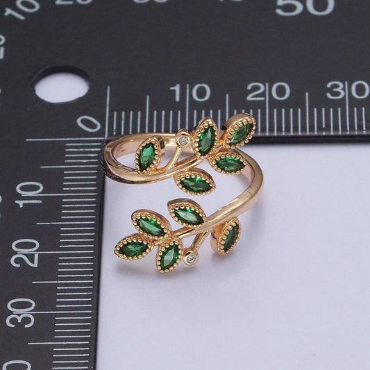 Gold Olive Leaf Ring Green Pave Olive Leaf Ring Adjustable Ring O-2210