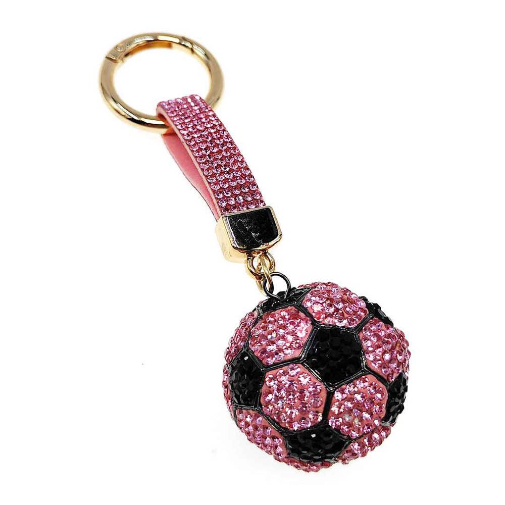 Bling Studded Soccer Ball Bag Charm Keychain: Red