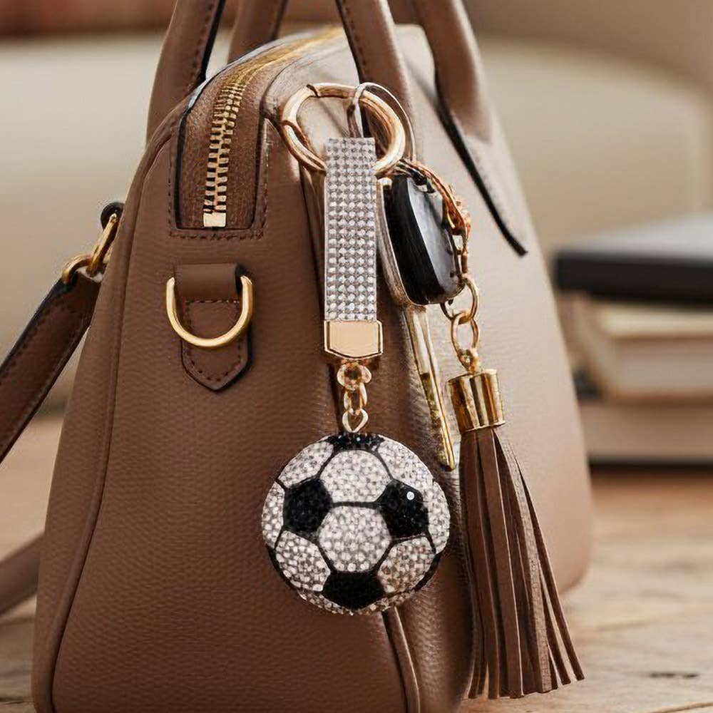 Bling Studded Soccer Ball Bag Charm Keychain: Red