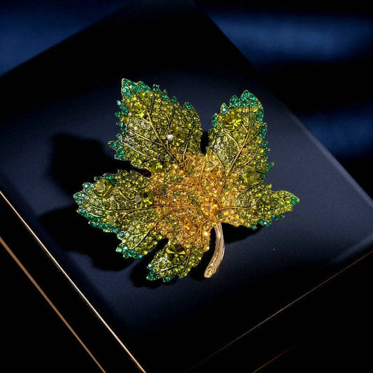 Gold Color Gemstone Maple Leaf Pin Brooch in Stainless Steel: Green