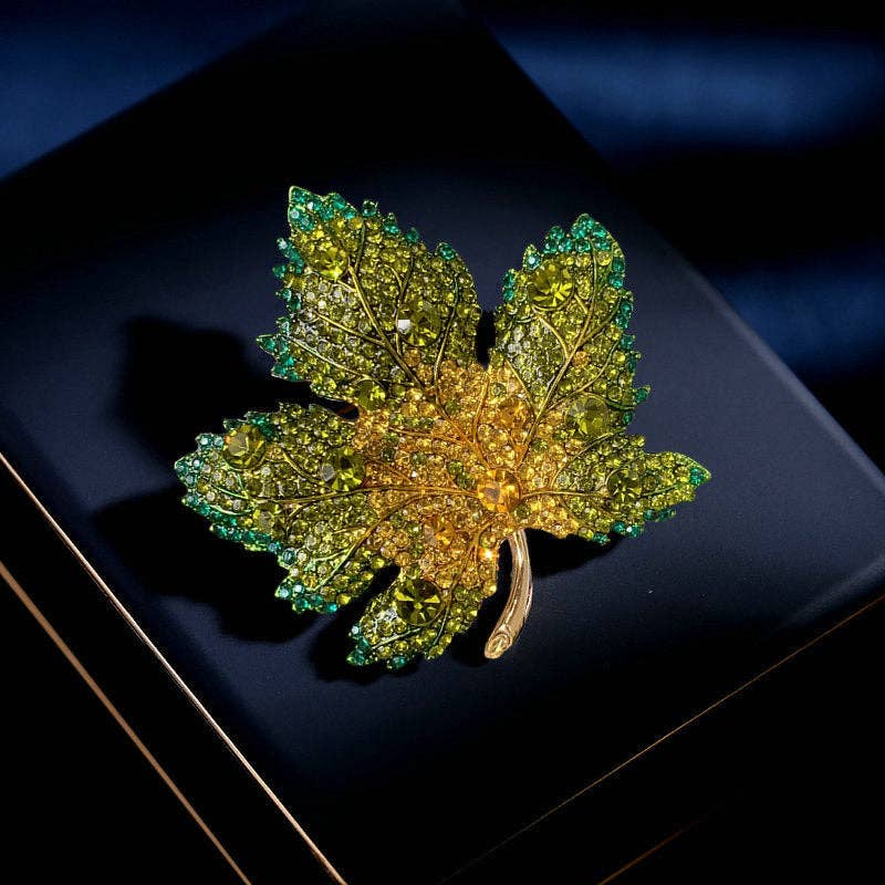 Gold Color Gemstone Maple Leaf Pin Brooch in Stainless Steel: Blue