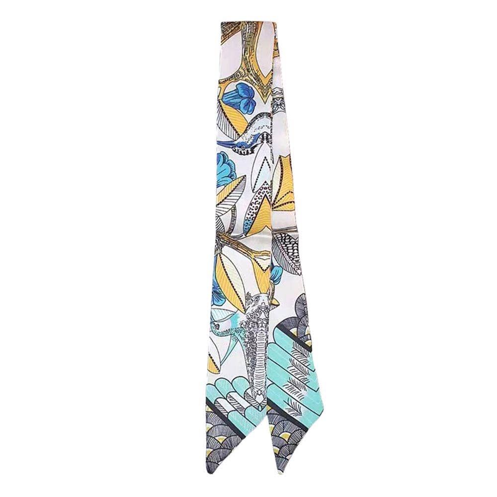 Abstract Bird Motif Print Skinny Twilly Scarf: Ivory