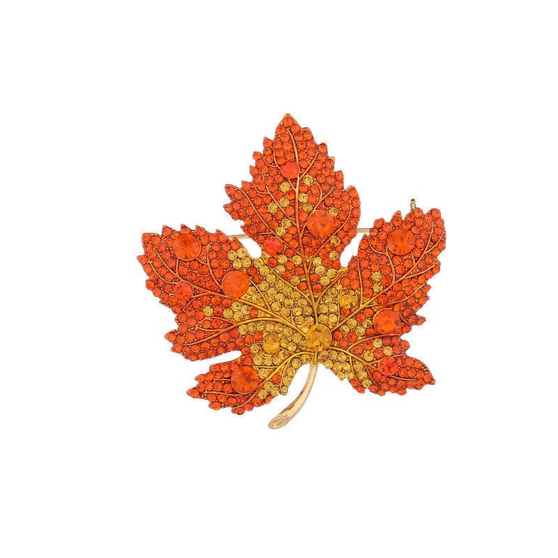 Gold Color Gemstone Maple Leaf Pin Brooch in Stainless Steel: Red
