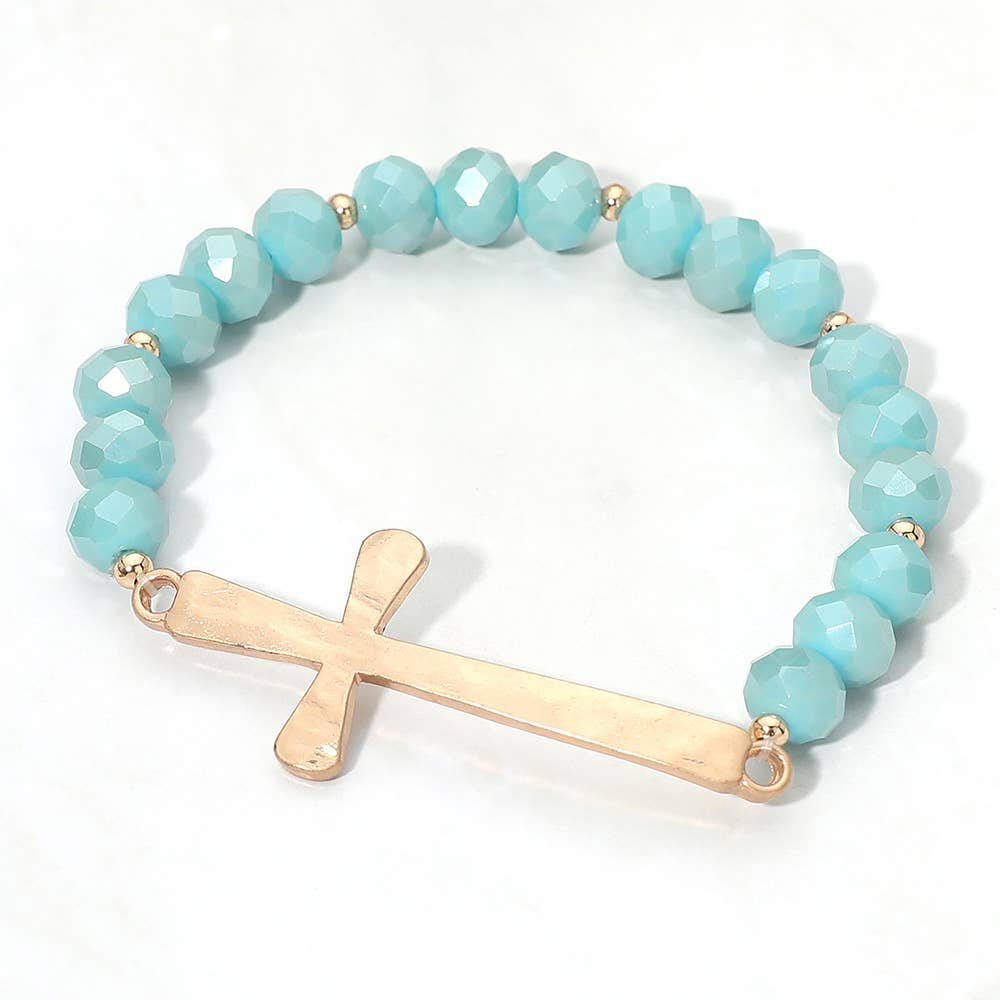 Brushed Hammered Metal Cross Accent Faceted Beaded Stretch Bracelet: Yellow