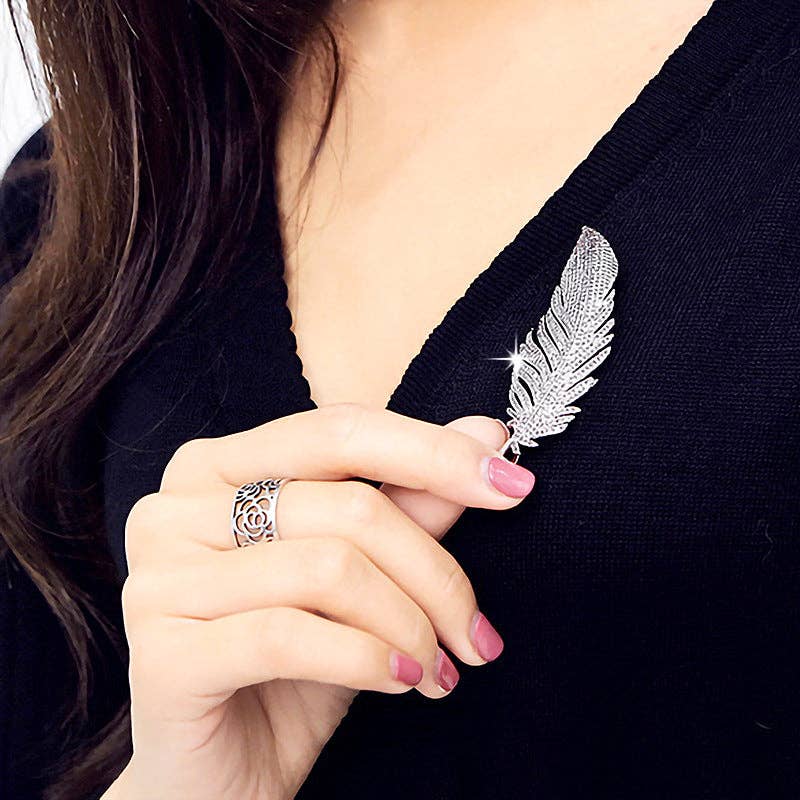 Dainty Full Pave Feather Statement Brooch in Solid Copper: Silver